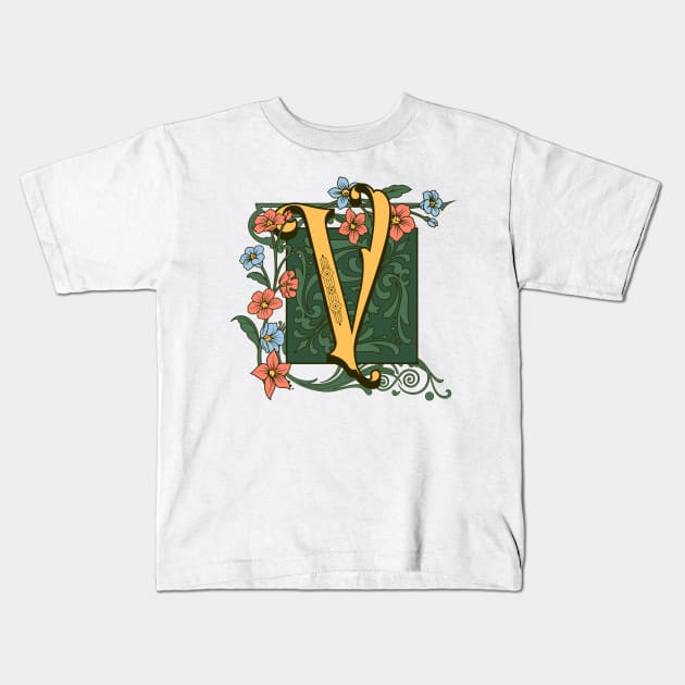 Art Nouveau Letter V, Ornamental Letter V, Art Deco Kids T-Shirt by Promen Art